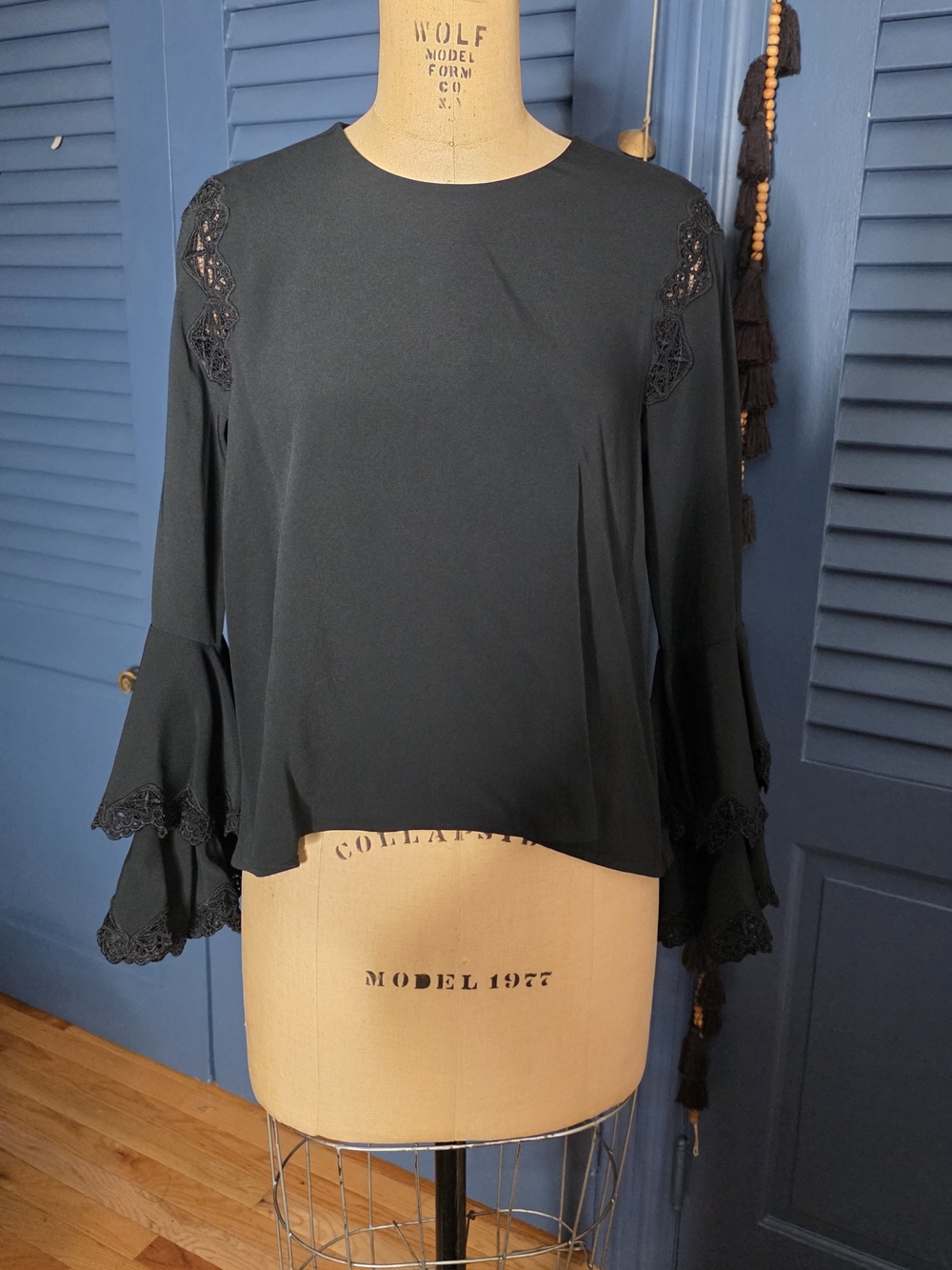 Jonathan Simkhai Black Crepe Bell Sleeve Blouse Lace Shoulder Accent XS
